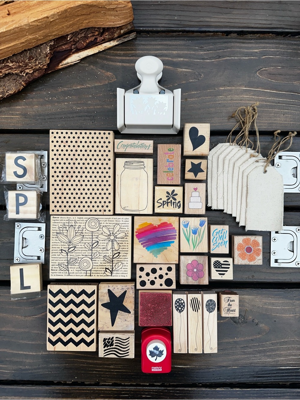 Craft Stamp and Tag Set – Neutral Beige and Red Accents